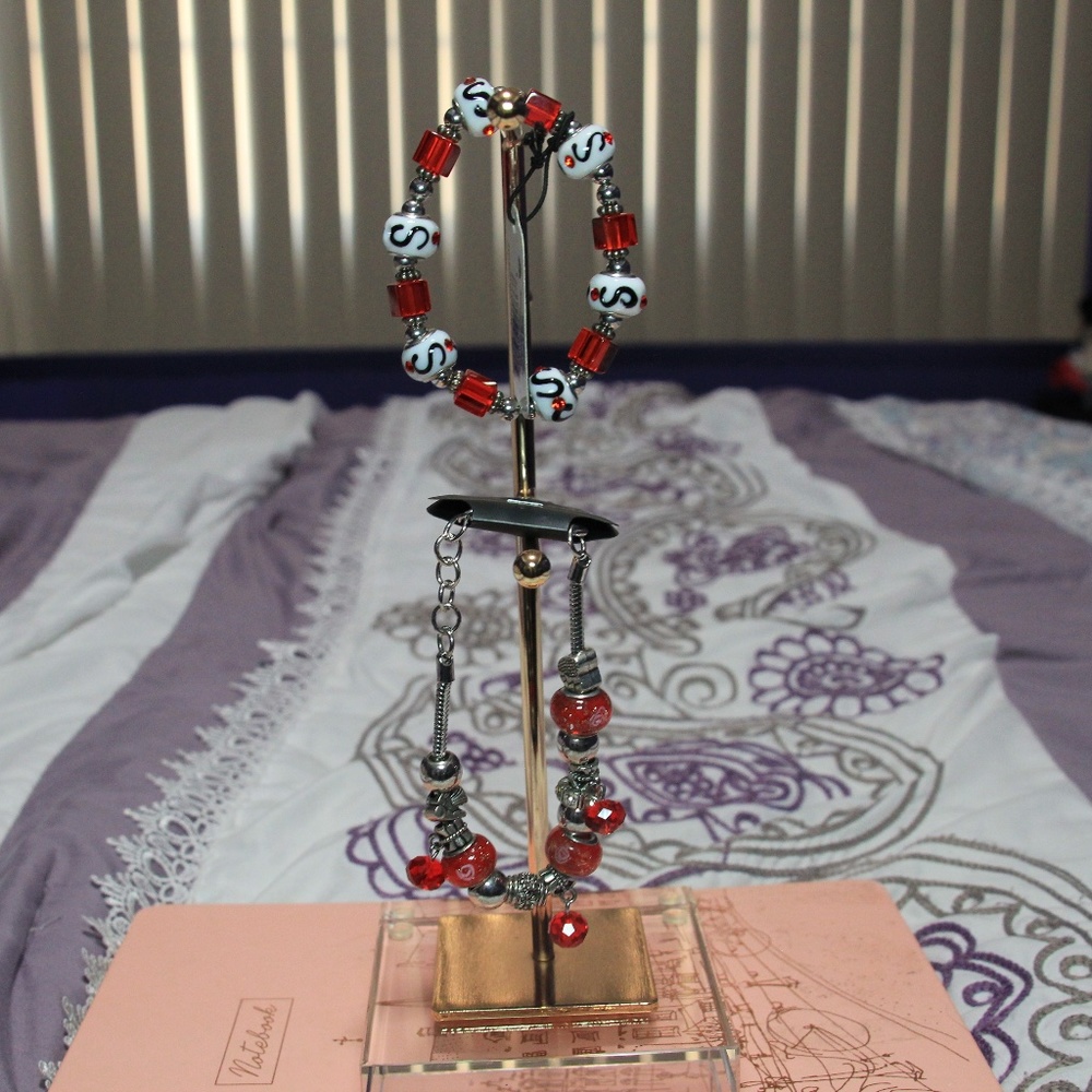 Silver and Red bracelets